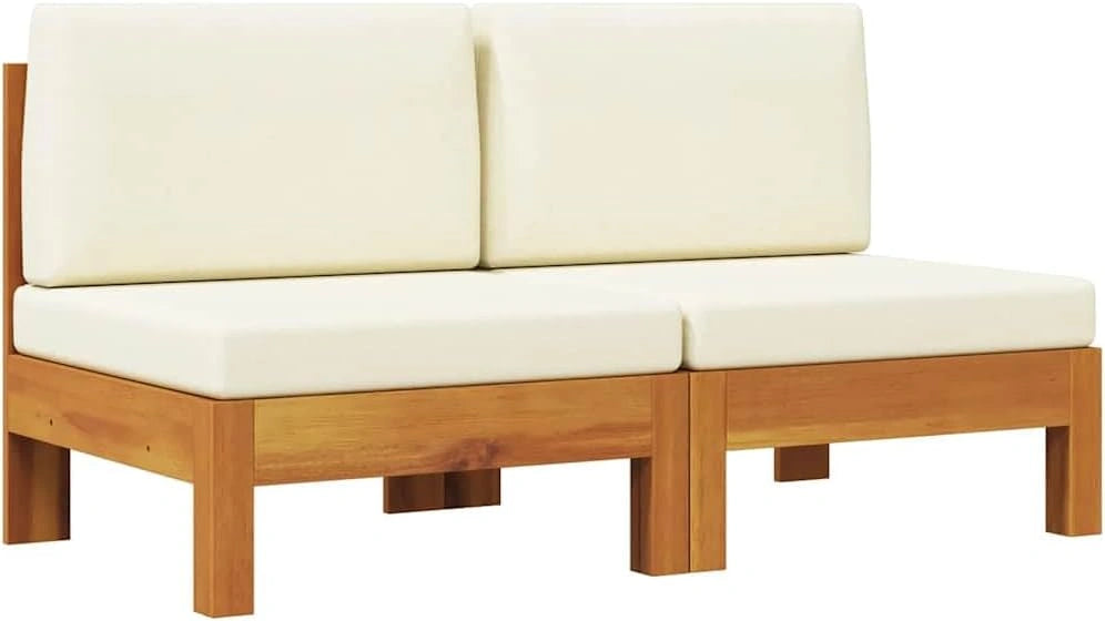 Ensemble de 2 Canap¨¦s Centraux en Acacia avec Coussins Cr¨¦meux pour Patio et Jardin