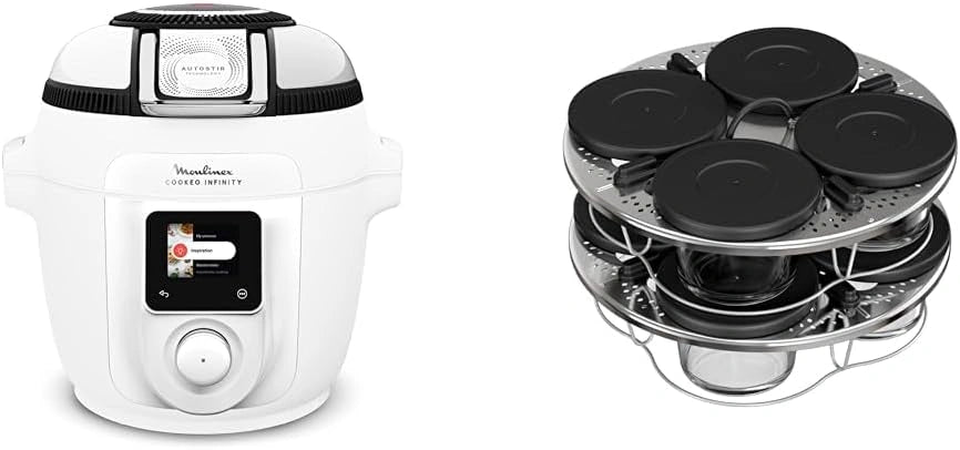 Ensemble Moulinex Cookeo Infinity: Friteuse ¨¤ air chaud et multicuiseur, 19 programmes automatiques, m¨¦lange int¨¦gral, Blanc, Inclus verrines empilables