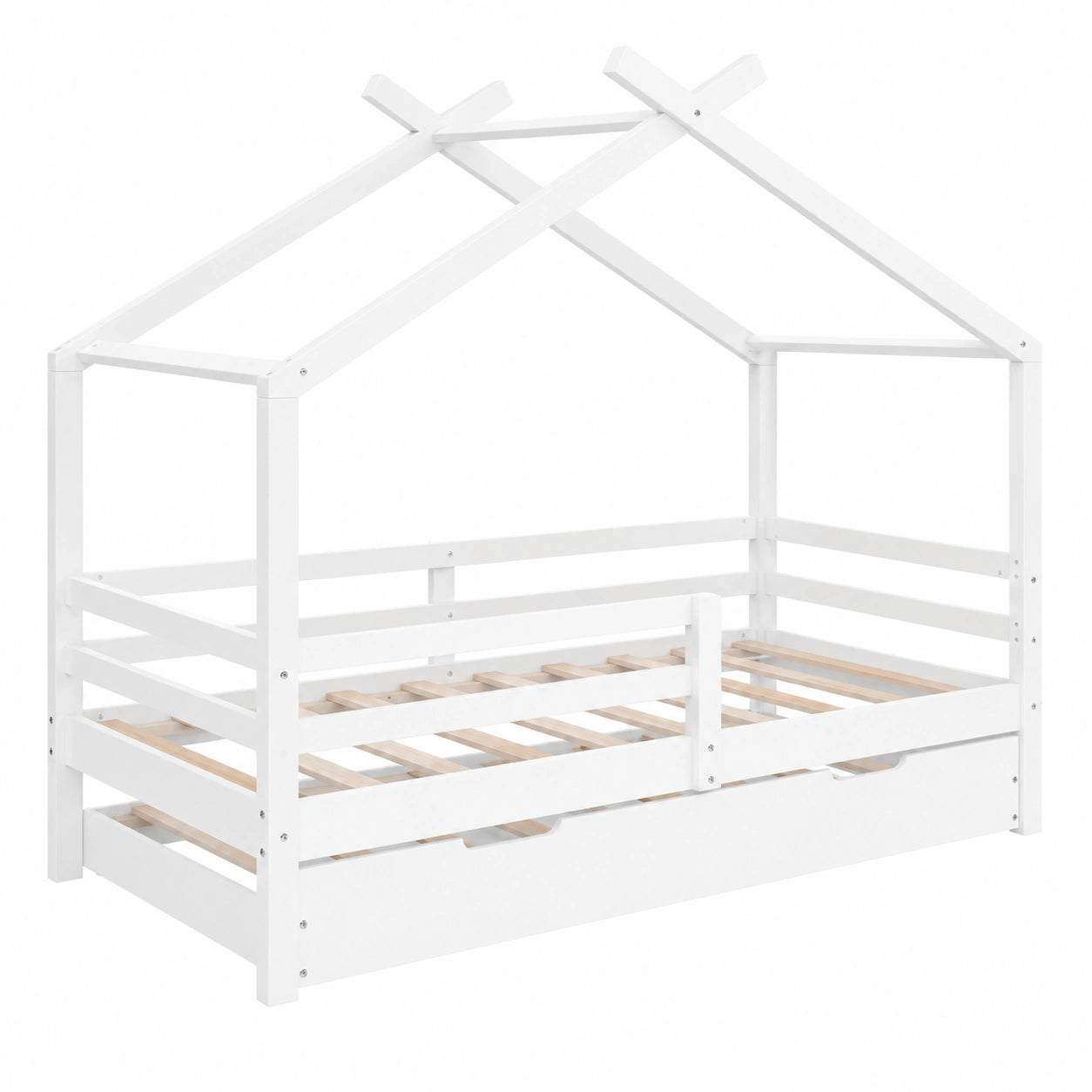 Lit cabane enfant blanc avec lit d'invité extensible, style maison