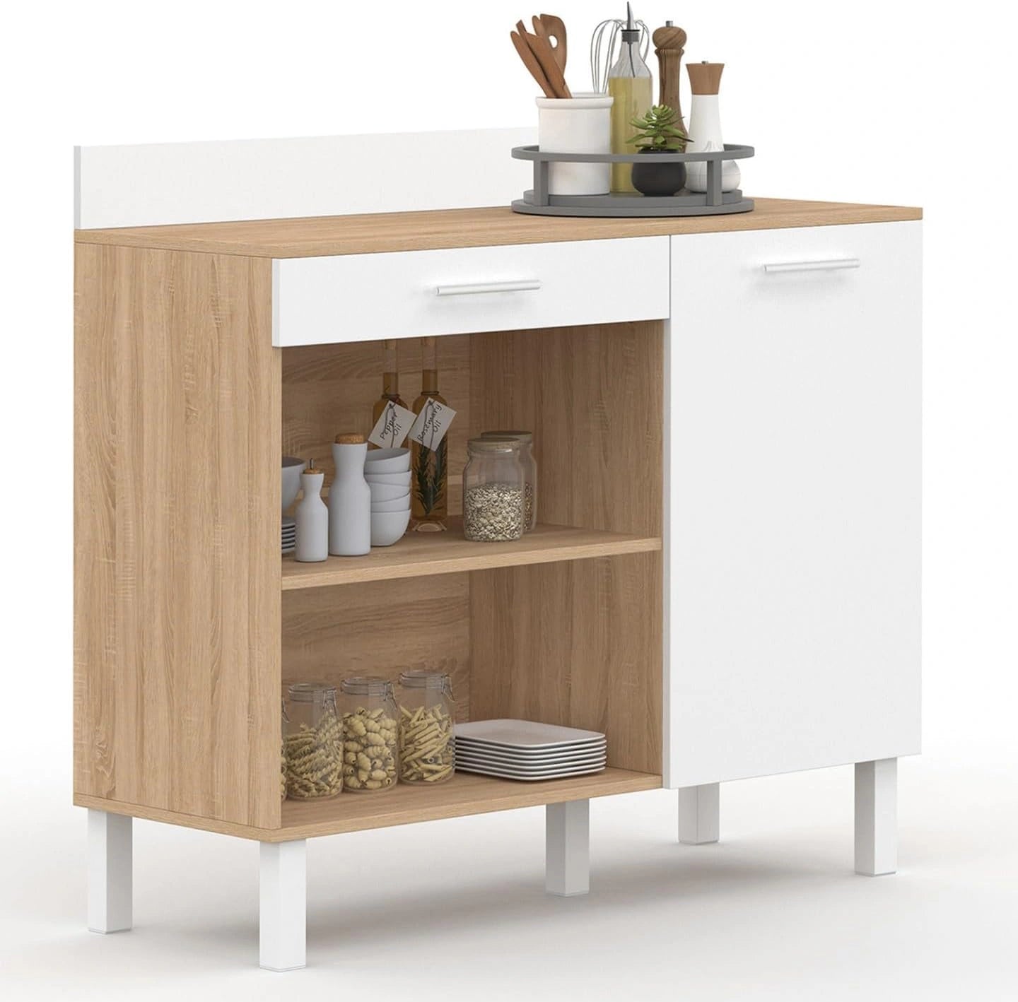 Buffet de Cuisine 100 cm CINA avec Plan de Travail, Portes et Tiroir en Bois de H¨ºtre Blanc