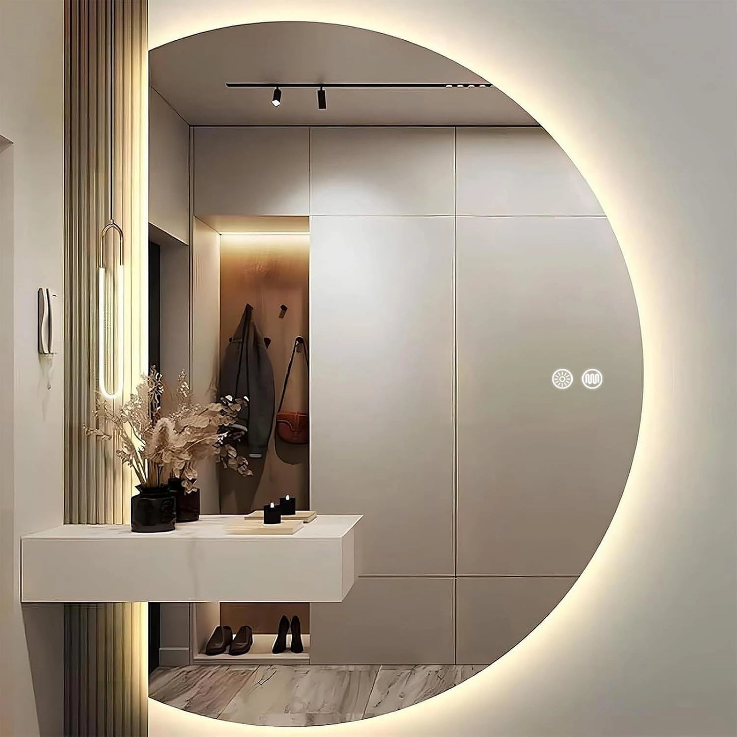 Miroir Mural Demi-Cercle LED Intelligente avec Anti-Bu¨¦e et Interrupteur Tactile, ¨¦clairage Doux pour Salle de Bain (63x90 cm)