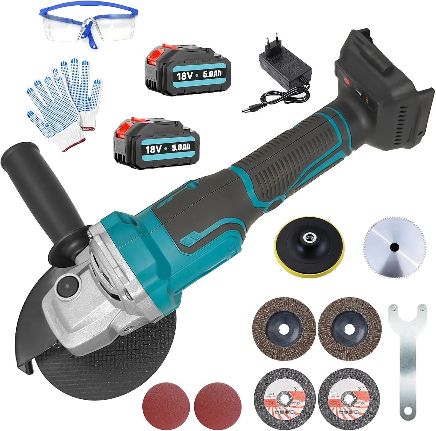Meuleuse d'angle sans fil 125 mm, 2 batteries 5,5 Ah, chargeur inclus, moteur sans balais 10 000 tr/min, 3 vitesses, 14 accessoires, id¨¦ale pour m¨¦tal et bois