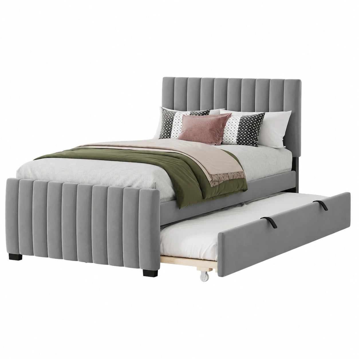 Lit gigogne en velours 90x190 cm avec sommier à lattes, gris