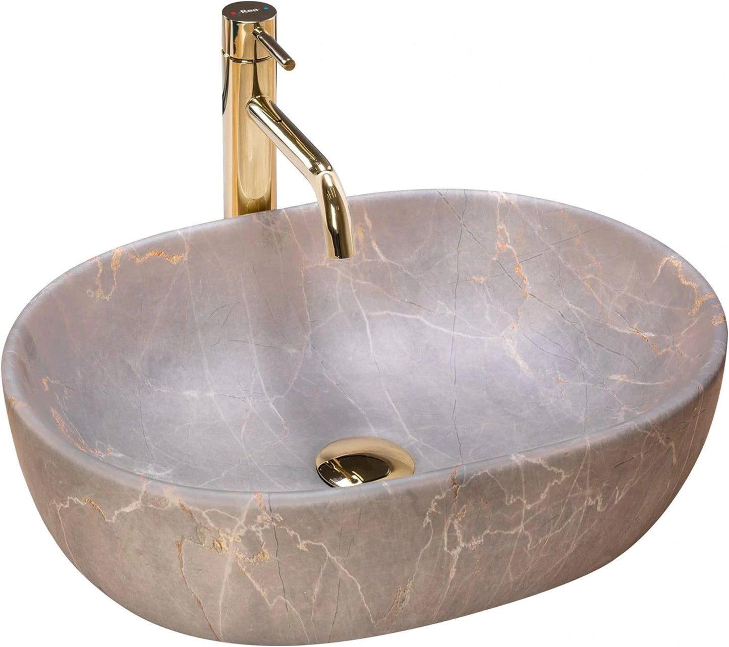 Vasque ¨¤ Poser Oval¨¦e Lara Beige en C¨¦ramique Effet Pierre, 48x35 cm, Id¨¦ale pour Salle de Bain