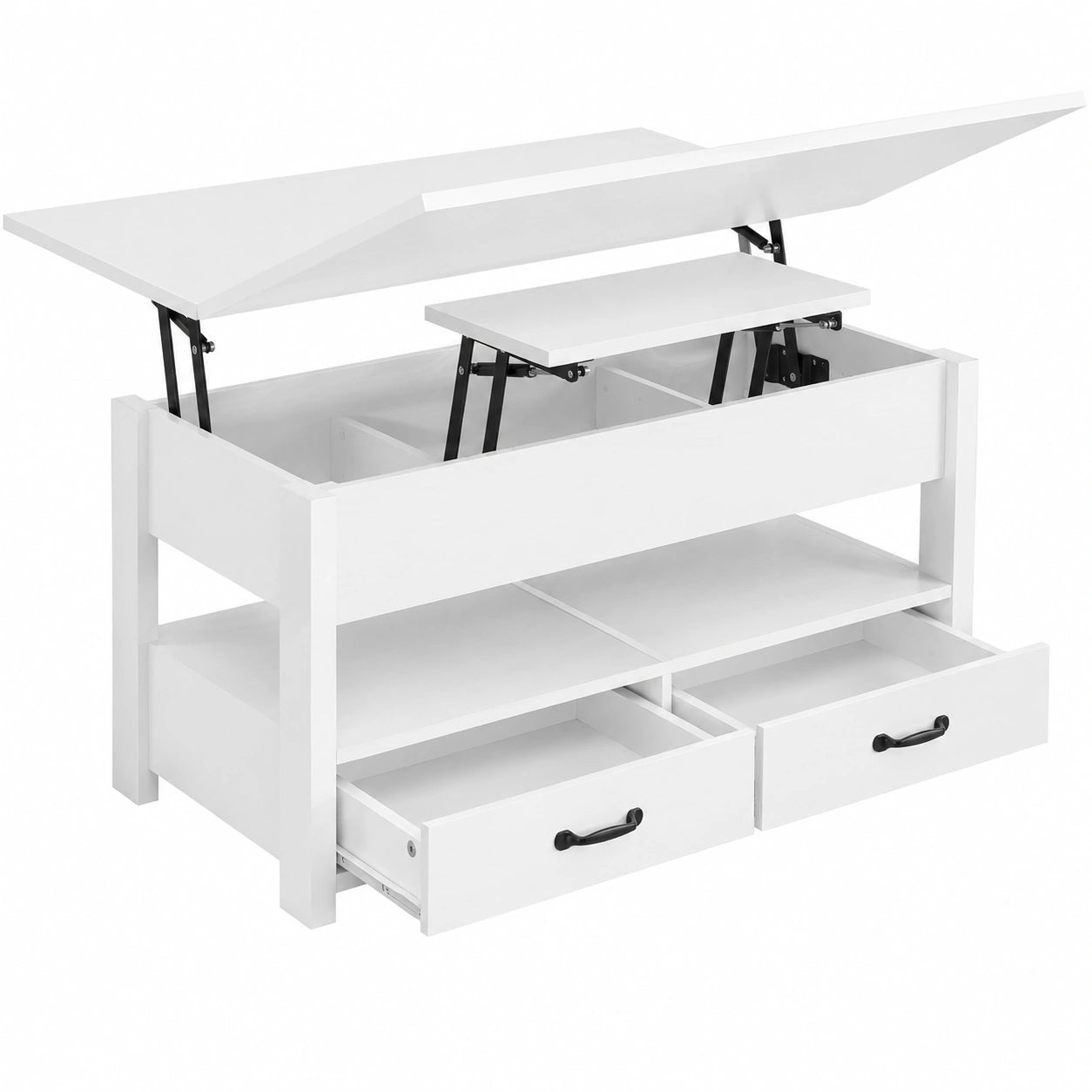Table basse relevable avec tiroirs et compartiments, blanc neige