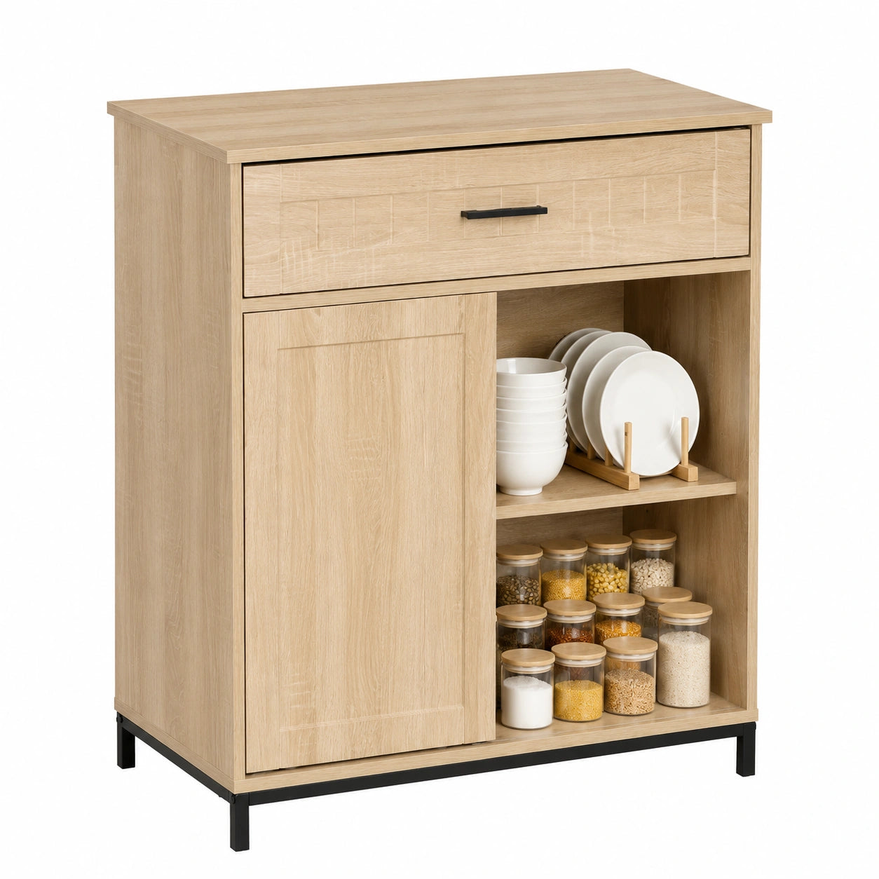 Buffet de Cuisine avec Rangement et Porte Coulissante en Bois et Métal, Chêne Clair