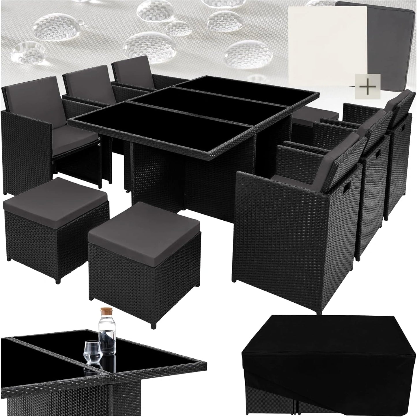 Ensemble de Jardin en Rotin Tress¨¦ Noir pour 10 Personnes avec Table et Chaises Empilables