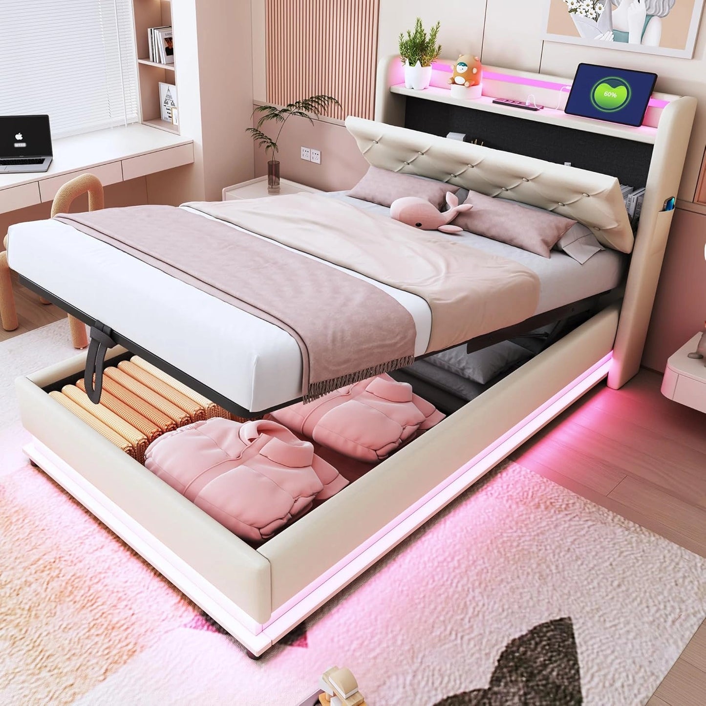 Lit Simple 90x200 avec Sommier LED, Rangement et T¨ºte R¨¦glable - Sans Matelas