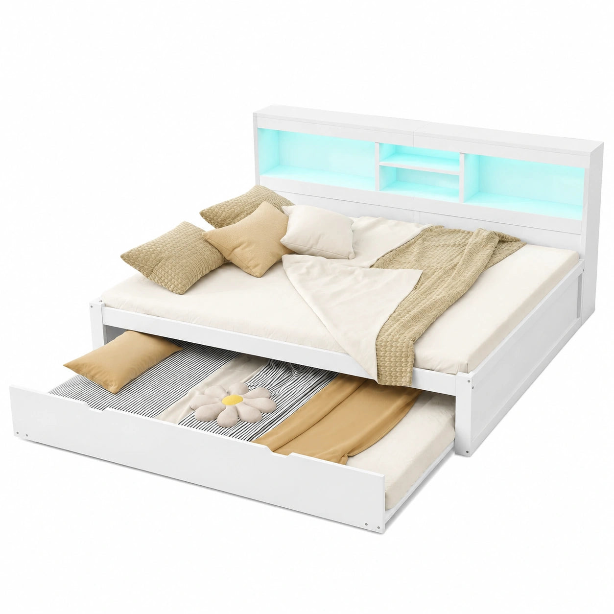 Sofa-lit avec éclairage LED, rangement latéral et ports USB, taille 140 x 200 cm