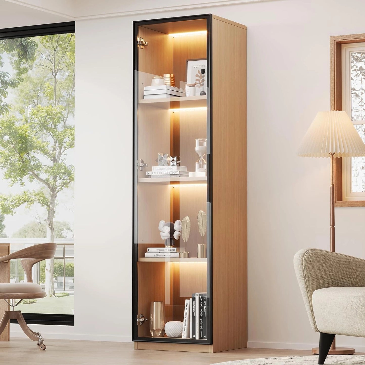Vitrine ¨¦troite en Verre avec ¨¦clairage LED, Meuble Haut en Ch¨ºne pour Salon et Bureau