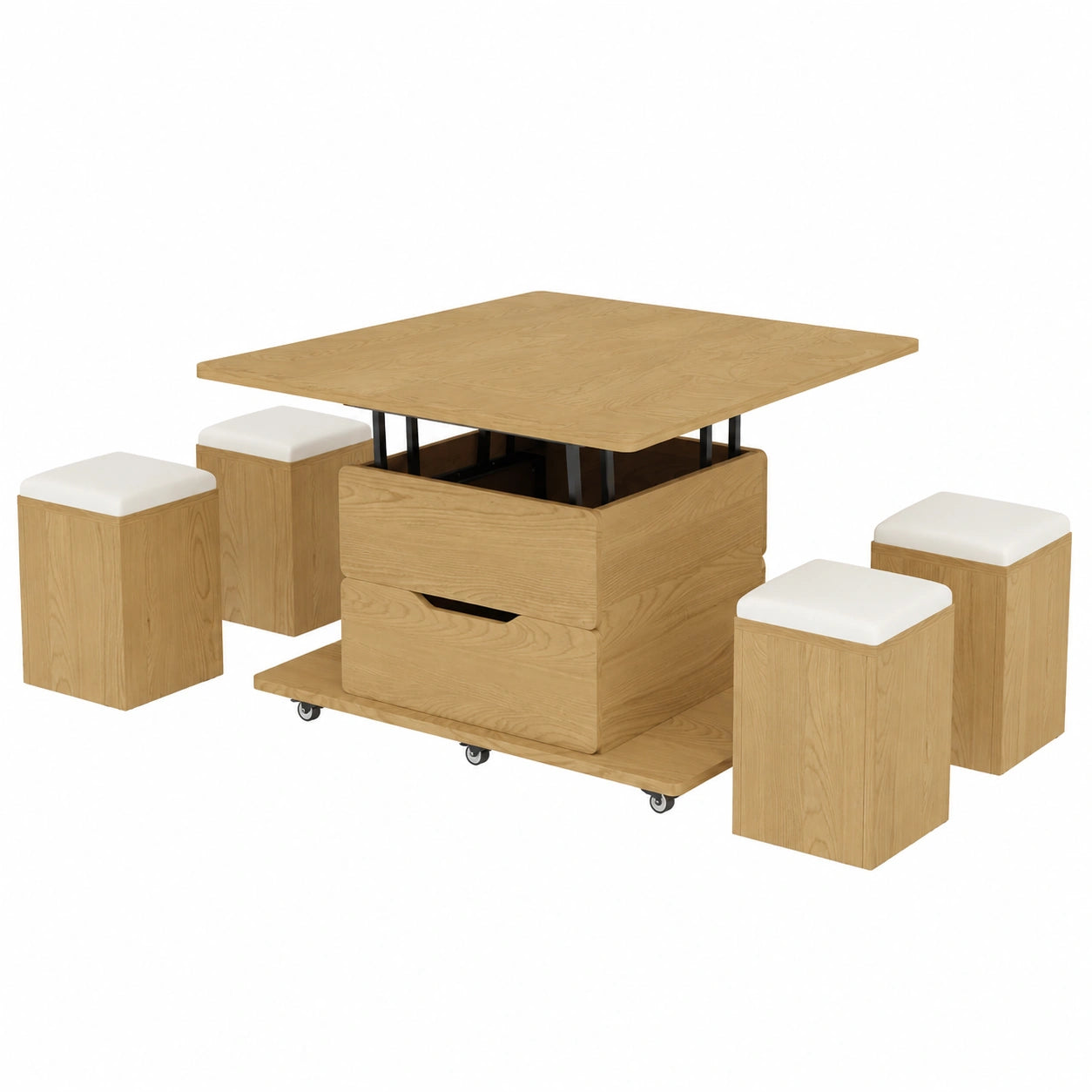 Table basse relevable multi-fonction avec chaises cachées et rangement