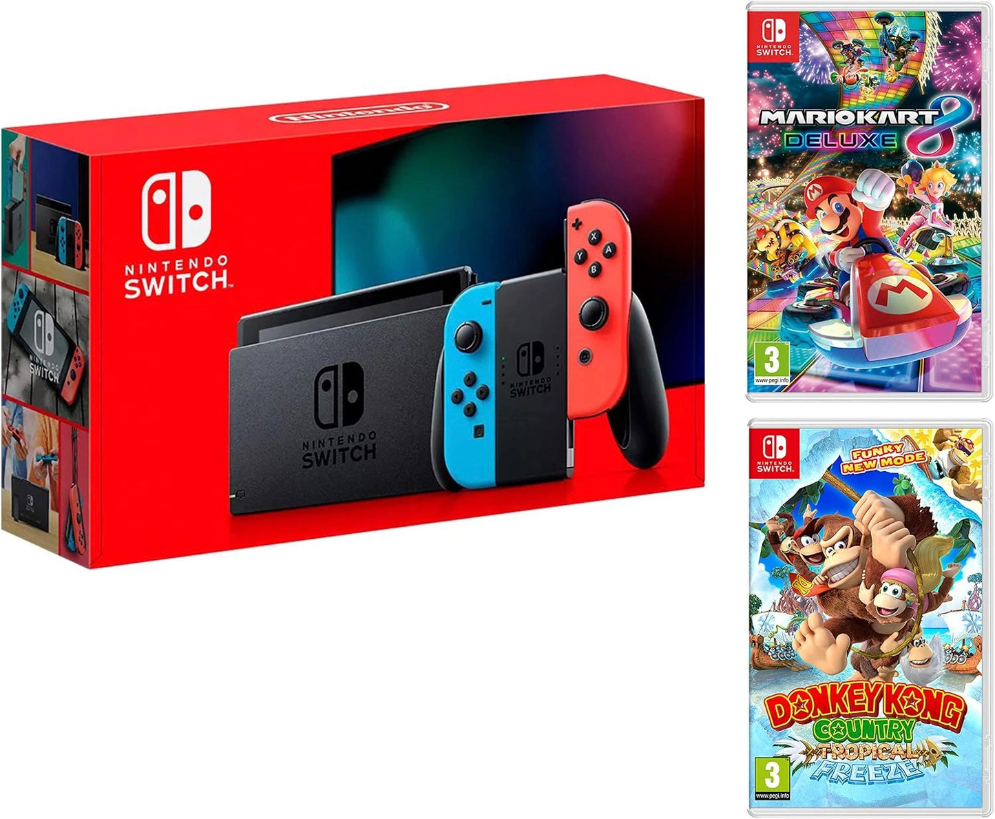 Console Nintendo Switch 32Go Rouge/Bleu N¨¦on + Mario Kart 8 Deluxe + Donkey Kong: Tropical Freeze