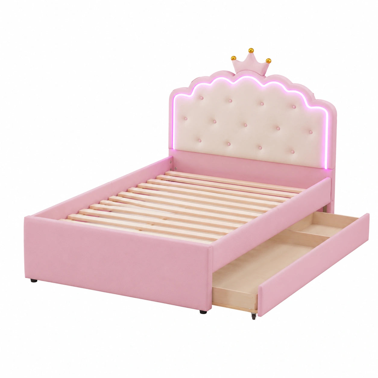Lit enfant avec baldaquin et lumière LED, tiroir et rangements intégrés, rose