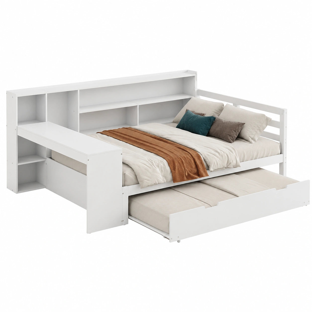 Canapé-lit gigogne en bois avec rangement intégrés et bureau, blanc