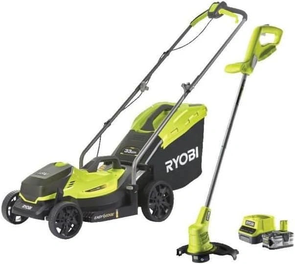 Tondeuse Sans Fil RYOBI One+ 18V avec Batterie 4.0Ah, Chargeur et Coupe-Bordures Offert - 33cm, Bac 35L, Pour Jardins Max 200m2