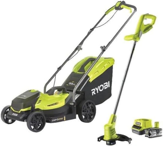 Tondeuse Sans Fil RYOBI One+ 18V avec Batterie 4.0Ah, Chargeur et Coupe-Bordures Offert - 33cm, Bac 35L, Pour Jardins Max 200m2