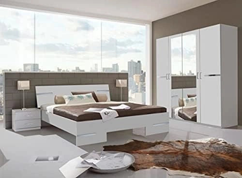 Chambre ¨¤ Coucher Moderne Adulte avec Lit, Tables de Chevet et Armoire - Blanc et Chrome Brillant