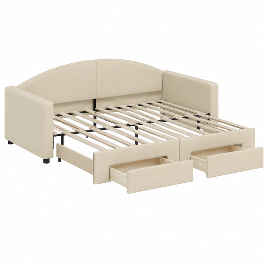 Lit de jour pratique avec rangement intégré 100x200 cm en tissu crème