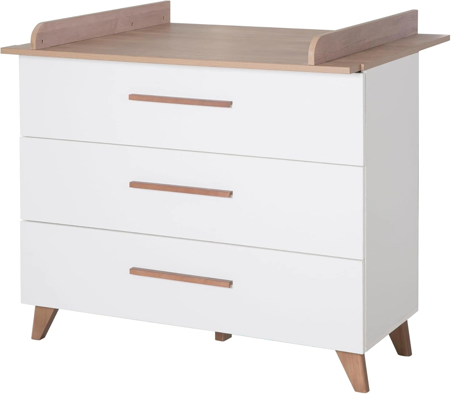 Table ¨¤ Langer Ole Scandinave avec 3 Tiroirs et Plan Amovible, Convertible en Commode, Bois Massif, Blanc/Ch¨ºne Fonc¨¦