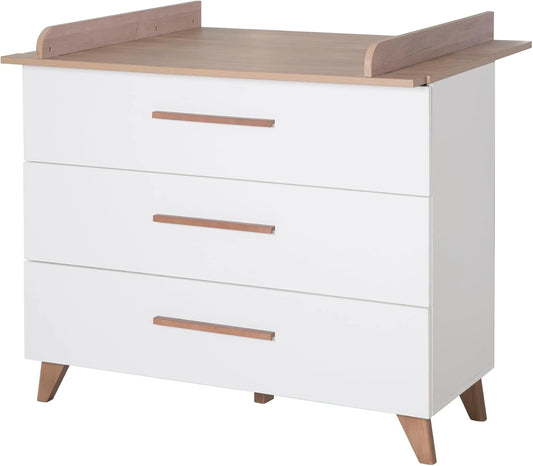 Table ¨¤ Langer Ole Scandinave avec 3 Tiroirs et Plan Amovible, Convertible en Commode, Bois Massif, Blanc/Ch¨ºne Fonc¨¦