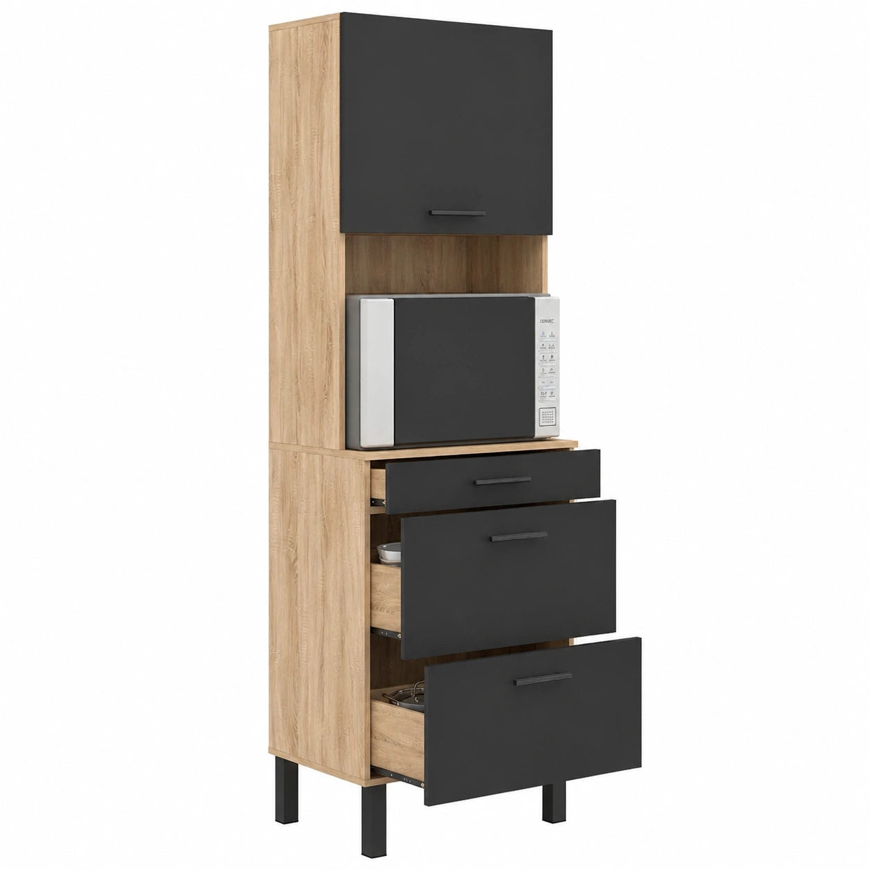 Colonne de Cuisine pour Micro-Ondes et Rangement 60 cm Portes Bois et Noir