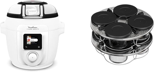 Ensemble Moulinex Cookeo Infinity: Friteuse ¨¤ air chaud et multicuiseur, 19 programmes automatiques, m¨¦lange int¨¦gral, Blanc, Inclus verrines empilables