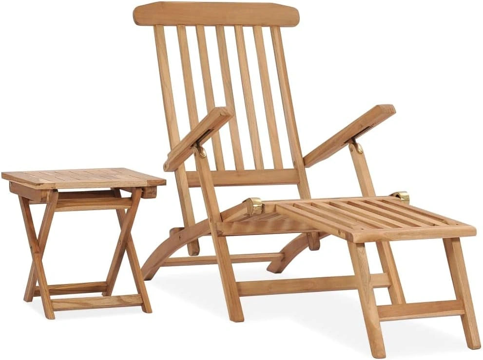Chaise Longue de Jardin Pliable en Bois de Teck avec Repose-Pied et Table, Transat Ext¨¦rieur
