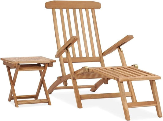 Chaise Longue de Jardin Pliable en Bois de Teck avec Repose-Pied et Table, Transat Ext¨¦rieur
