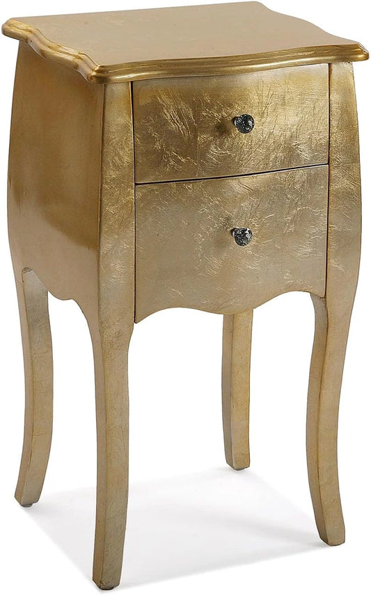 Table de Chevet Versa Cagliari Or avec 2 Tiroirs en Bois pour Salon ou Chambre, 71x35x40 cm
