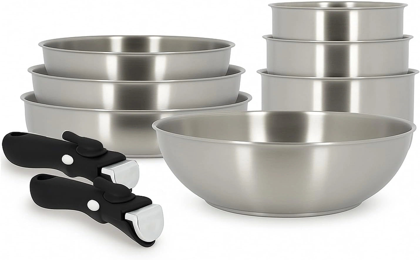 MENASTYL - Ensemble de Cuisson en Inox 18/10, 9 Pi¨¨ces, Compatible Induction et Four, Sans PFAS, Empilable avec Poign¨¦es S¨¦curis¨¦es