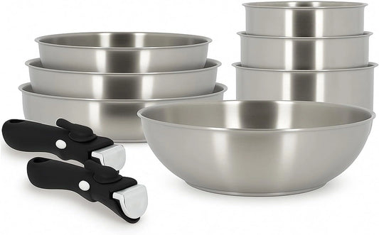 MENASTYL - Ensemble de Cuisson en Inox 18/10, 9 Pi¨¨ces, Compatible Induction et Four, Sans PFAS, Empilable avec Poign¨¦es S¨¦curis¨¦es