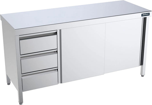 Armoire Basse en Inox avec Portes et Tiroirs Lat¨¦raux - 1400 x 600 mm