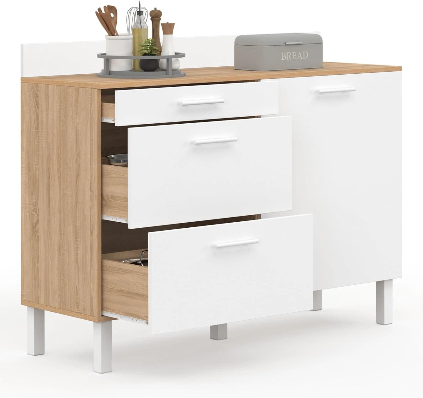 Buffet de Cuisine Moderne 120 cm avec Casserolier et Plan de Travail 83 cm, Fa?on H¨ºtre et Blanc