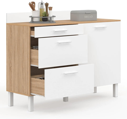 Buffet de Cuisine Moderne 120 cm avec Casserolier et Plan de Travail 83 cm, Fa?on H¨ºtre et Blanc