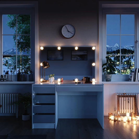 Coiffeuse moderne en blanc avec miroir LED et rangement, 120cm