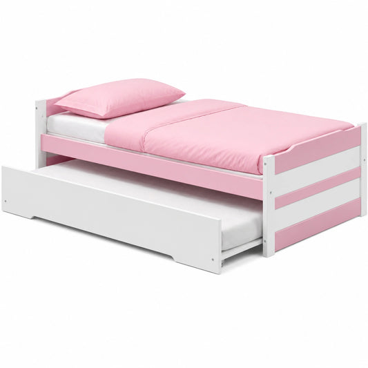 Lit gigogne fonctionnel une place avec tiroir - Blanc et Rose