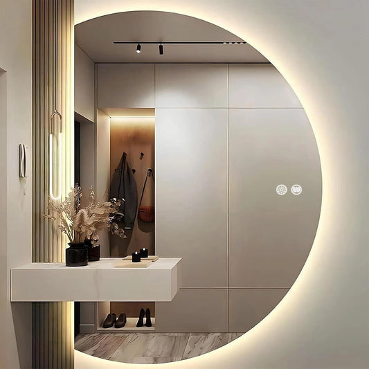 Miroir Mural Demi-Cercle LED Intelligente avec Anti-Bu¨¦e et Interrupteur Tactile, ¨¦clairage Doux pour Salle de Bain (63x90 cm)