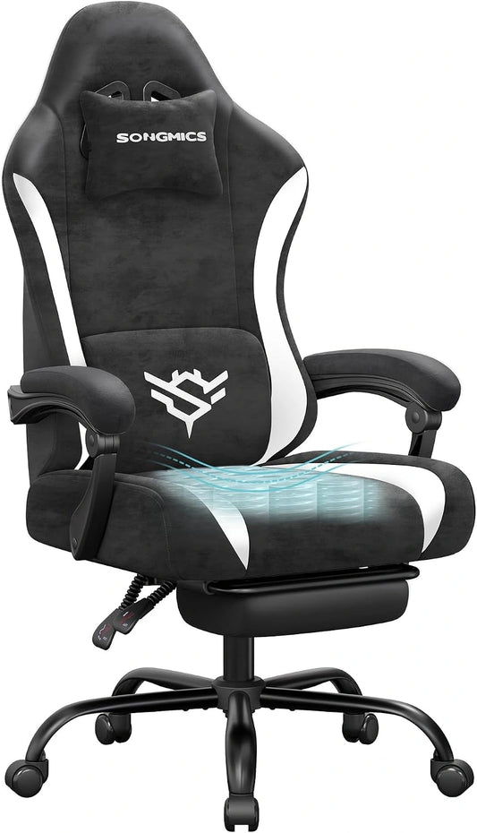 Chaise de Jeu Ergonomique SONGMICS avec Repose-Pieds, Tissu Su¨¦dine, Noir et Blanc, Inclinable ¨¤ 135¡ã