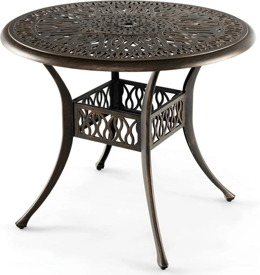 Table Bistro Ronde 90 cm en Aluminium avec Trou pour Parasol, Style Antique R¨¦sistant aux Intemp¨¦ries