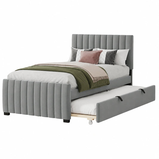Lit gigogne en velours 90x190 cm avec sommier à lattes, gris
