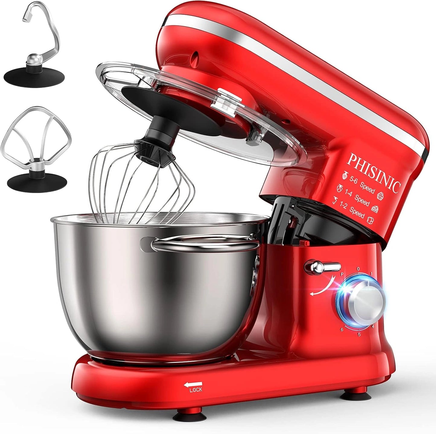 Robot Patissier Multifonction 1500W, 5,5L, Silencieux, avec Accessoires Complets, Rouge