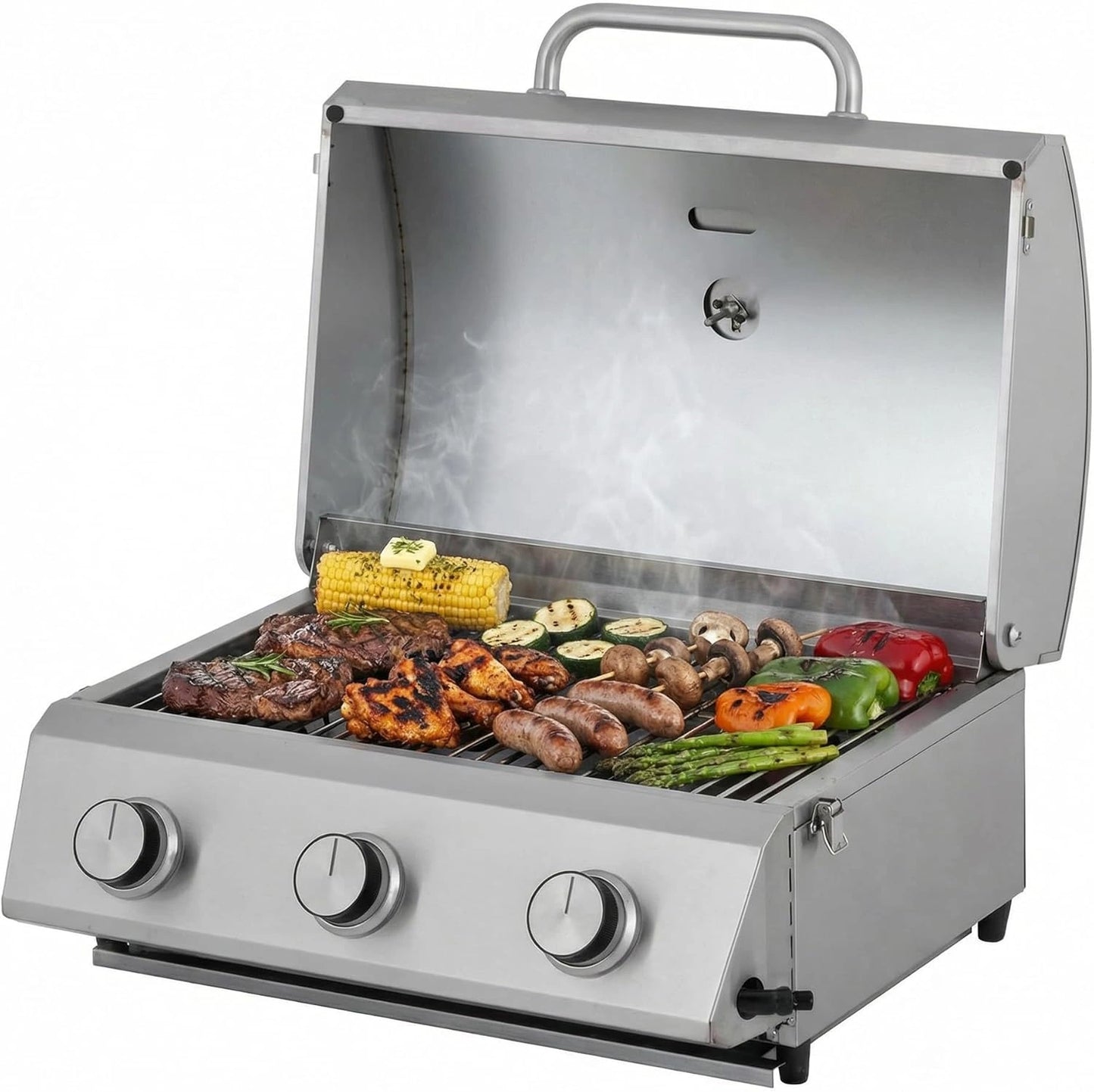 Grill ¨¤ Gaz Portable Tarrington House CATHAN 3 Br?leurs, Acier Inoxydable, 6.6 kW, Thermom¨¨tre Int¨¦gr¨¦, Allumage Pi¨¦zo, Argent