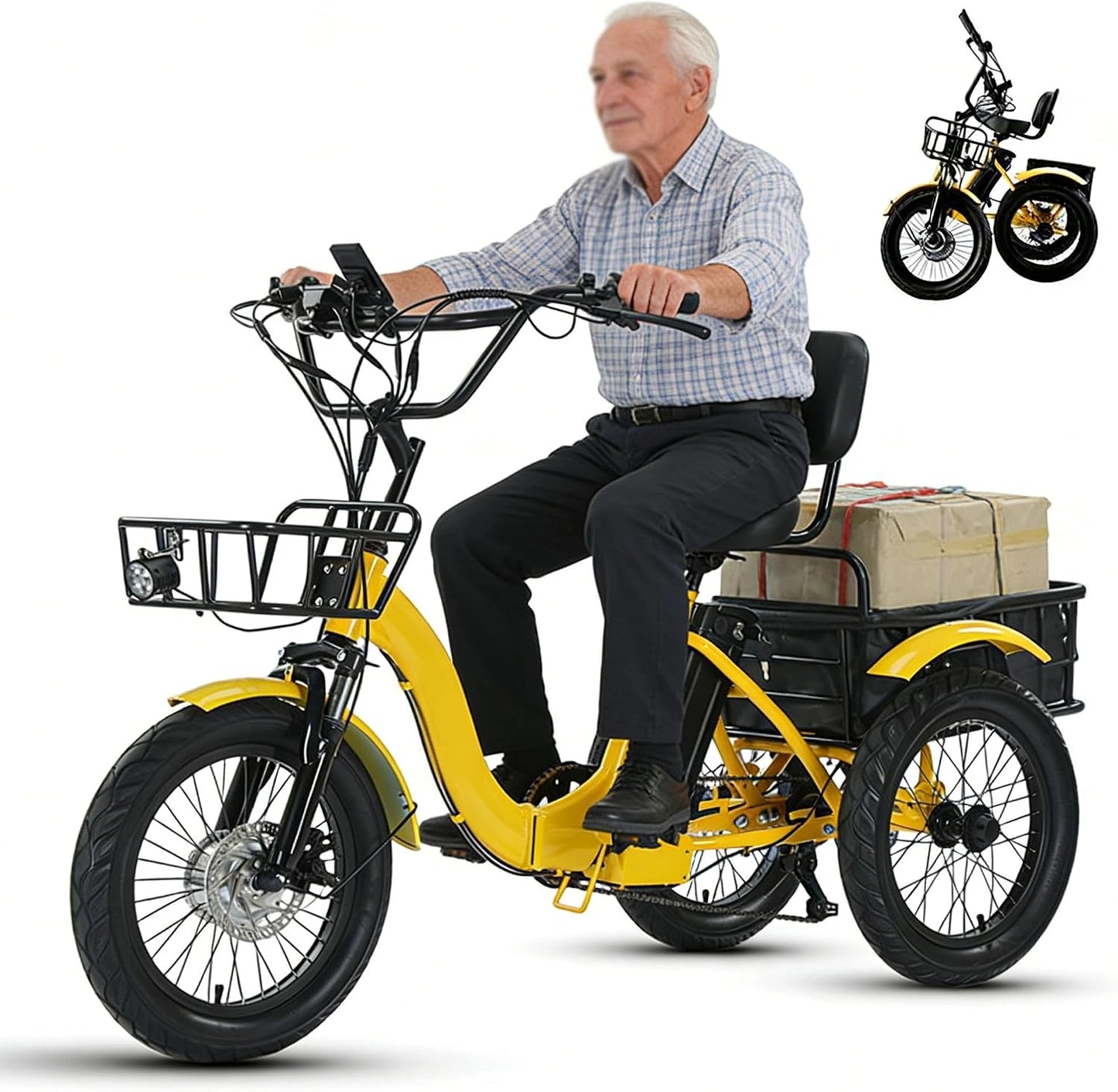 Tricycle ¨¦lectrique pliable 48V 13Ah, pneus larges 18" pour adulte, autonomie 44 km, LED, klaxon, paniers, jaune