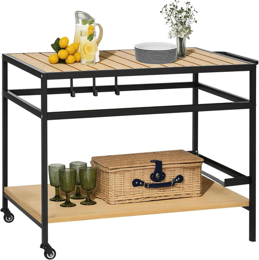 Chariot de Jardin pour Barbecue avec ¨¦tag¨¨res et Crochets - Bois et M¨¦tal, Noir