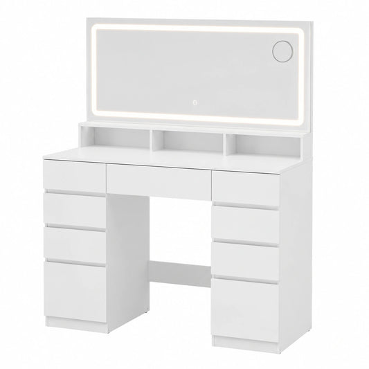 Coiffeuse Moderne avec Miroir LED, Station de Charge et Rangement Multiple