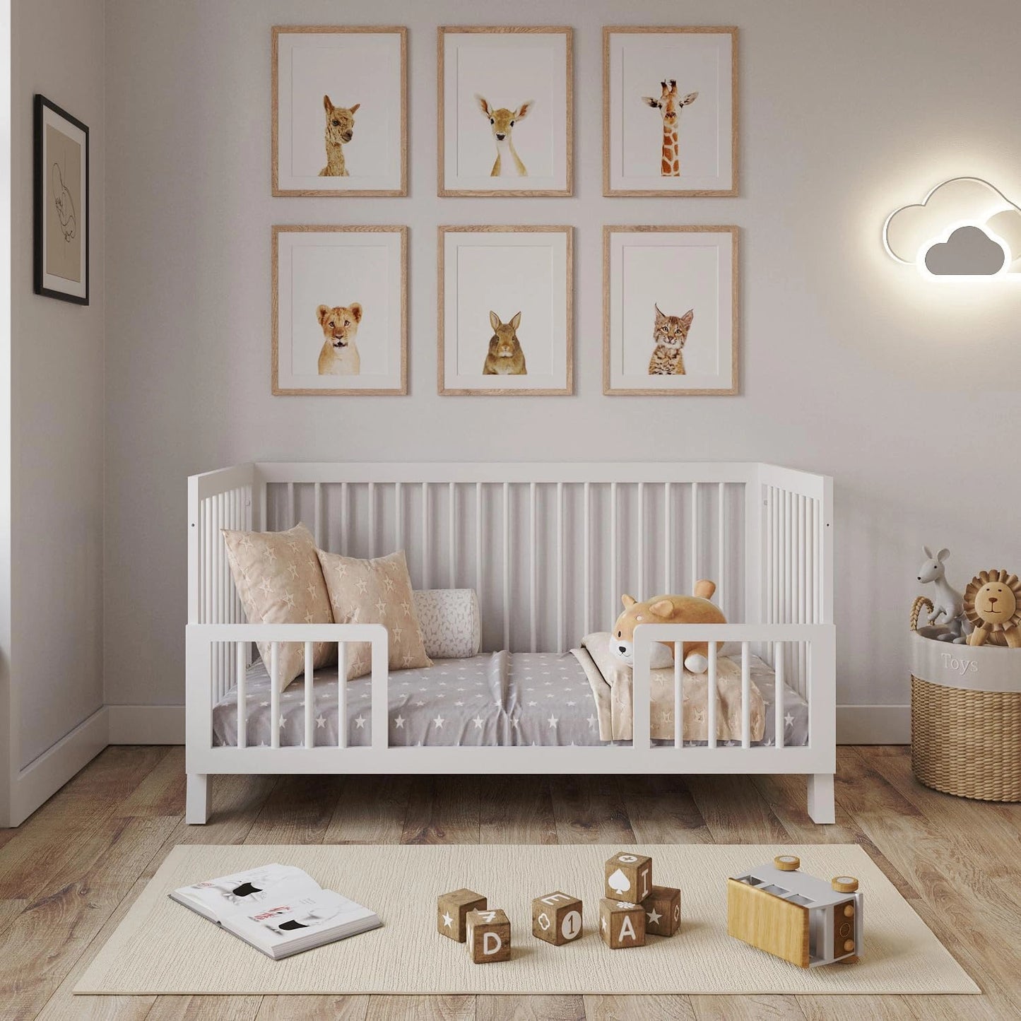 Lit B¨¦b¨¦ ¨¦volutif en Bois 140x70cm avec Barri¨¨re de S¨¦curit¨¦ - Blanc