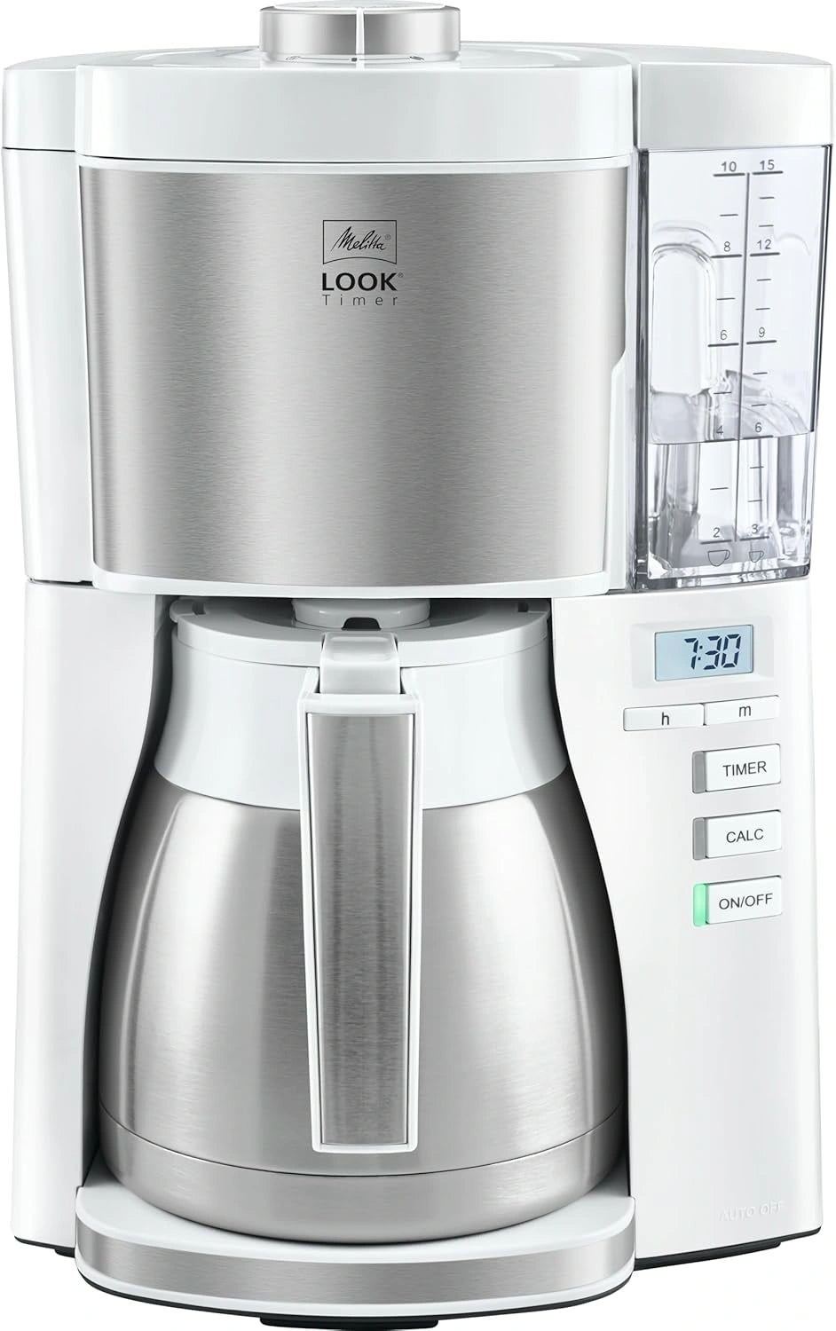 Cafeti¨¨re Filtre Melitta Look Therm Timer 10 Tasses - Arr¨ºt Automatique, Blanc/Acier, 1080W, 1.25L