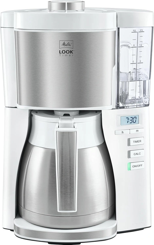 Cafeti¨¨re Filtre Melitta Look Therm Timer 10 Tasses - Arr¨ºt Automatique, Blanc/Acier, 1080W, 1.25L