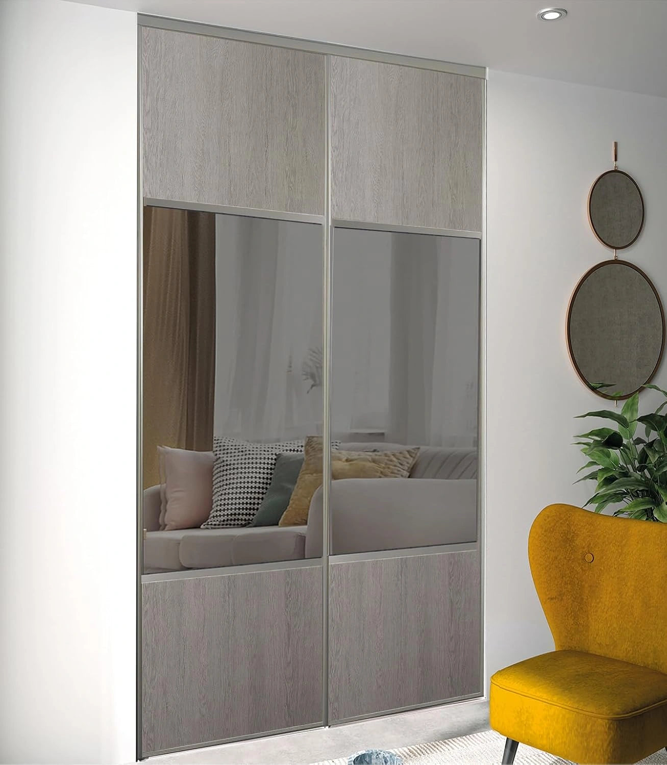 Portes de placard coulissantes en ch¨ºne cendr¨¦ avec miroir argent¨¦, 250x180 cm, rails gris