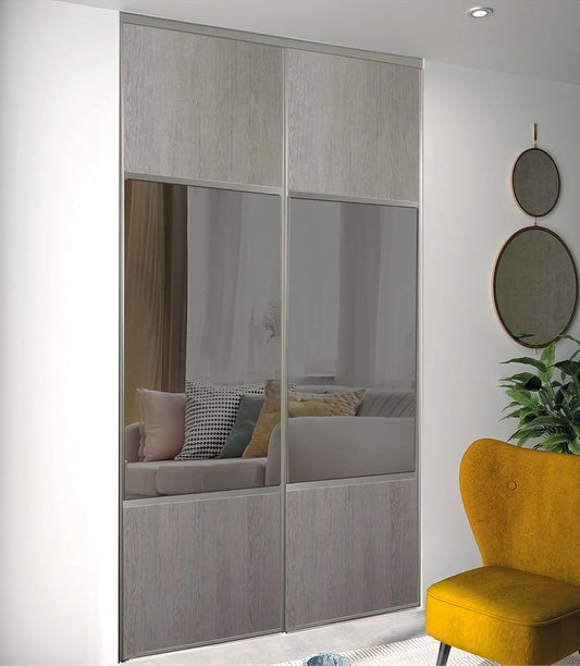 Portes de placard coulissantes en ch¨ºne cendr¨¦ avec miroir argent¨¦, 250x180 cm, rails gris